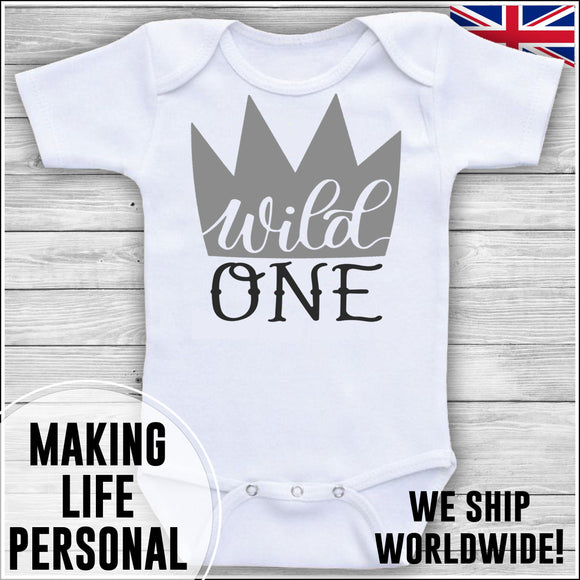 Personalised Bodysuit Baby Boys 1st Birthday Day Wild One Cake Smash Bodysuit Grey and Black