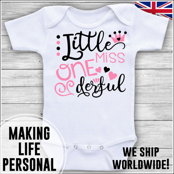 Personalised Bodysuit Baby Girls Birthday Day Cake Smash Little Miss One Derful Pink and Black