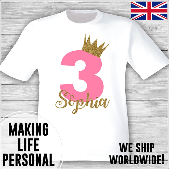 Personalised Birthday T-Shirt Name Age Number Boy Or Girl White and Pink