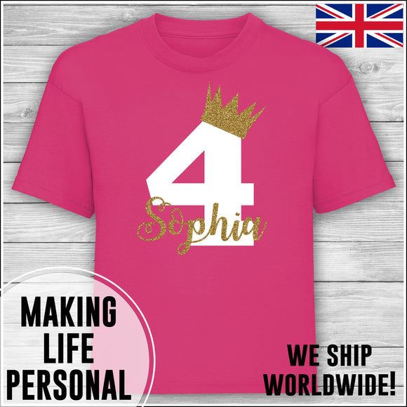 Personalised Birthday T-Shirt Name Age Number Boy Or Girl Hot Pink