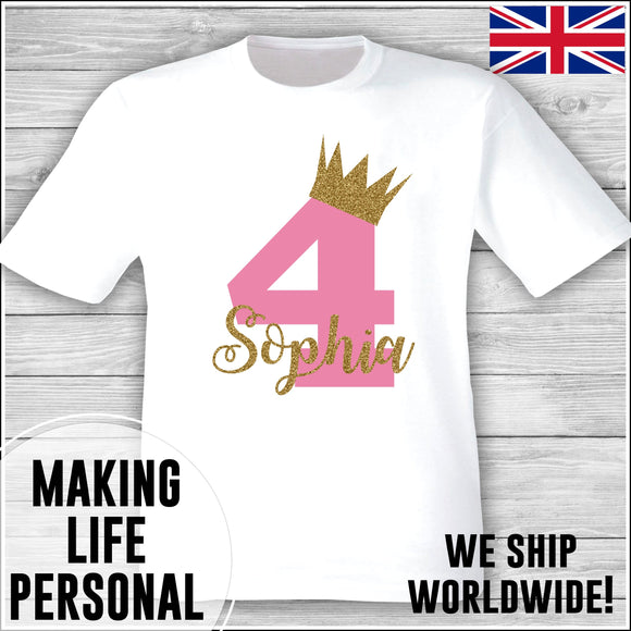 Personalised Birthday T-Shirt Name Age Number Boy Or Girl White and Pink