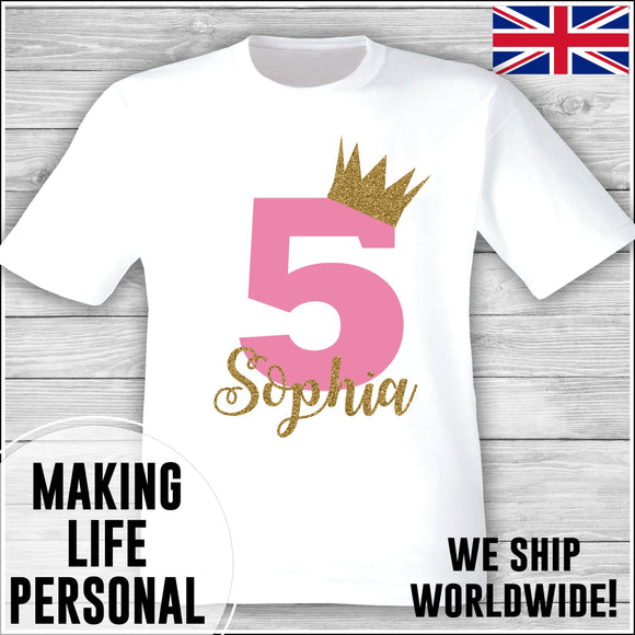 Personalised Birthday T-Shirt Name Age Number Boy Or Girl White and Pink