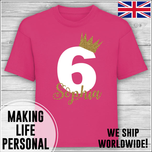 Personalised Birthday T-Shirt Name Age Number Boy Or Girl Hot Pink