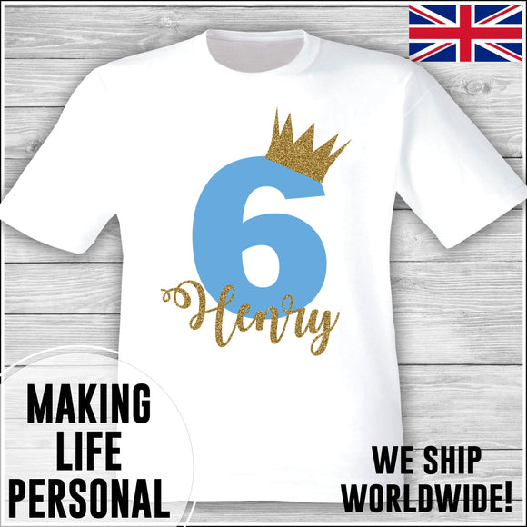 Personalised Birthday T-Shirt Name Age Number Boy Or Girl White and Blue