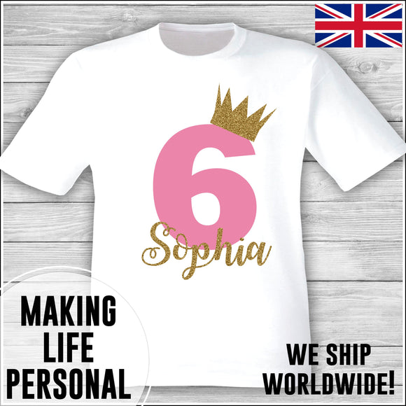 Personalised Birthday T-Shirt Name Age Number Boy Or Girl White and Pink