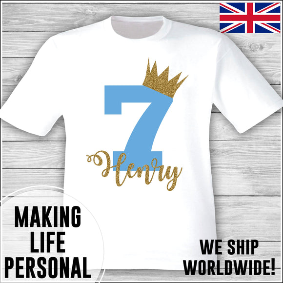 Personalised Birthday T-Shirt Name Age Number Boy Or Girl White and Blue