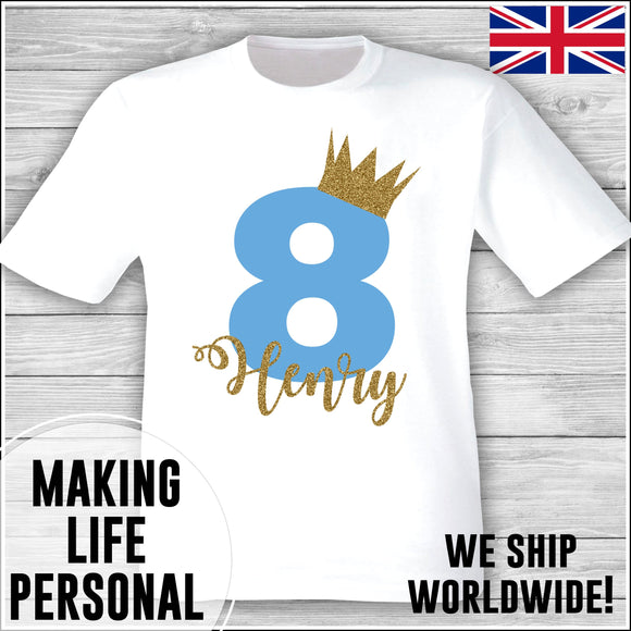 Personalised Birthday T-Shirt Name Age Number Boy Or Girl White and Blue