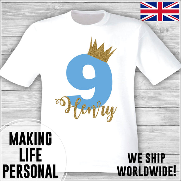 Personalised Birthday T-Shirt Name Age Number Boy Or Girl White and Blue