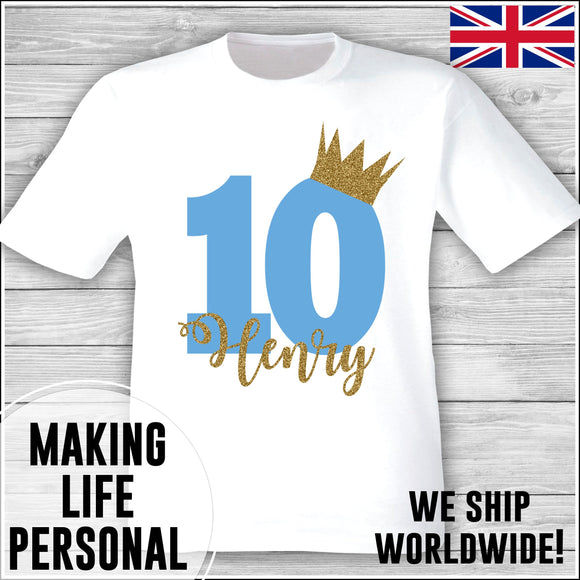 Personalised Birthday T-Shirt Name Age Number Boy Or Girl White and Blue