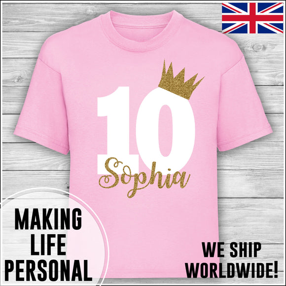 Personalised Birthday T-Shirt Name Age Number Boy Or Girl Pink