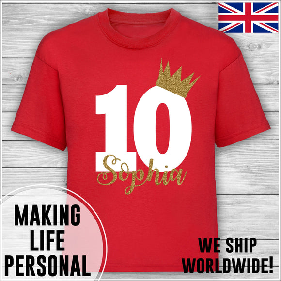 Personalised Birthday T-Shirt Name Age Number Boy Or Girl Red