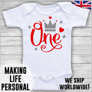 Personalised Bodysuit Boys or Girls 1st Birthday Day One Cake Smash Bodysuit Baby Vest Grey and Red