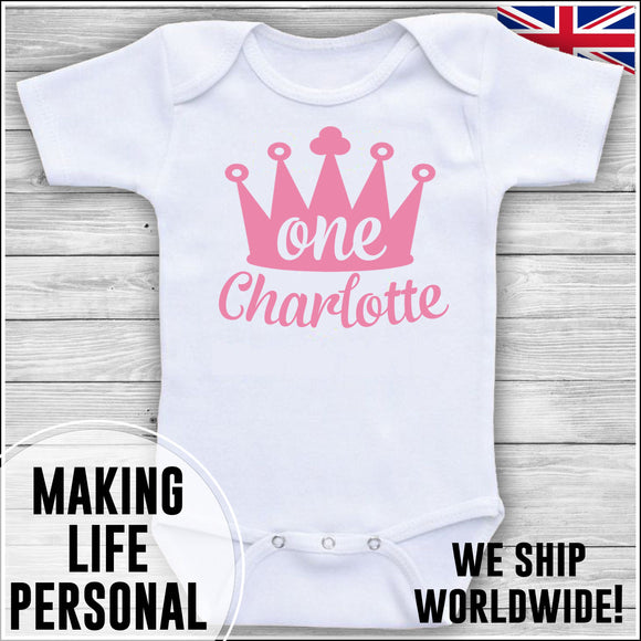 Personalised Bodysuit 1st Birthday One Crown YOUR NAME Girls Cake Smash Pink