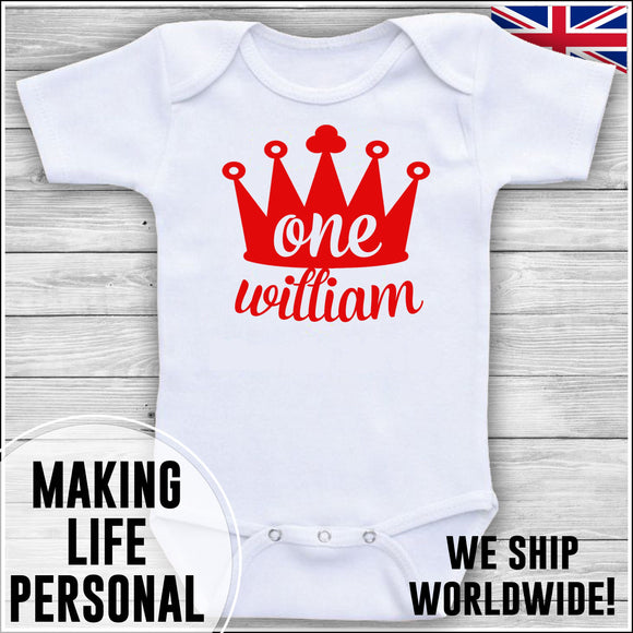 Personalised Bodysuit 1st Birthday One Crown YOUR NAME Boys Cake Smash Red