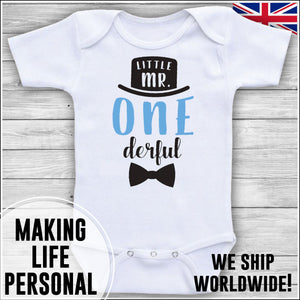 Personalised Bodysuit Baby Boys Birthday Day Cake Smash Bodysuit Mr One Derful Blue and Black