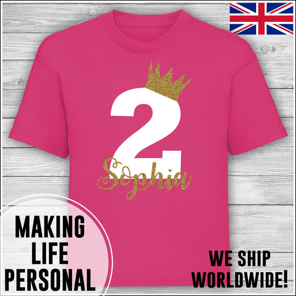 Personalised Birthday T-Shirt Name Age Number Boy Or Girl Hot Pink