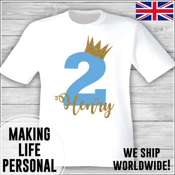 Personalised Birthday T-Shirt Name Age Number Boy Or Girl White and Blue