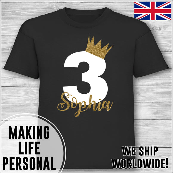 Personalised Birthday T-Shirt Name Age Number Boy Or Girl Black