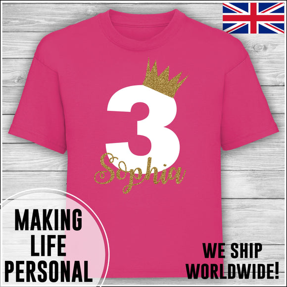 Personalised Birthday T-Shirt Name Age Number Boy Or Girl Hot Pink