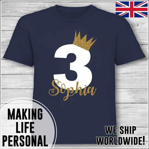 Personalised Birthday T-Shirt Name Age Number Boy Or Girl Navy