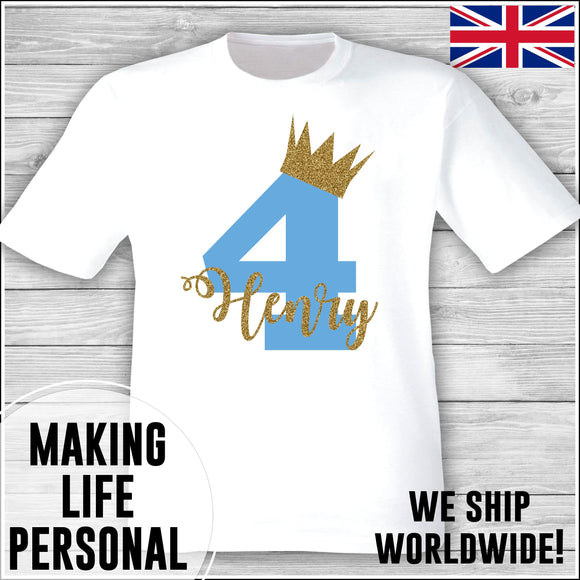 Personalised Birthday T-Shirt Name Age Number Boy Or Girl White and Blue