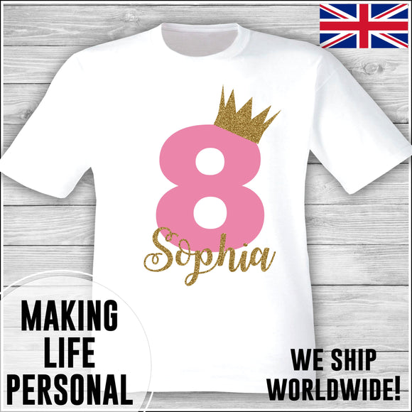 Personalised Birthday T-Shirt Name Age Number Boy Or Girl White and Pink