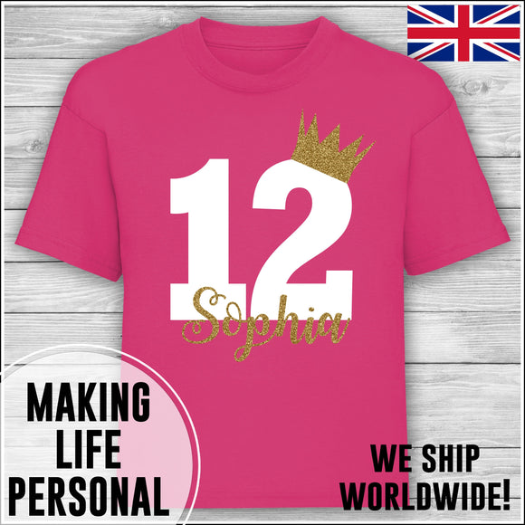 Personalised Birthday T-Shirt Name Age Number Boy Or Girl Hot Pink