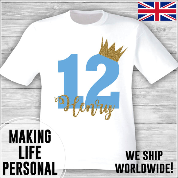 Personalised Birthday T-Shirt Name Age Number Boy Or Girl White and Blue