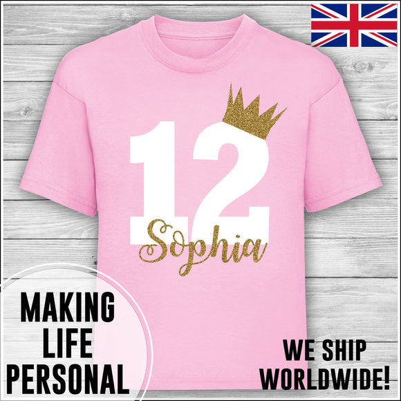 Personalised Birthday T-Shirt Name Age Number Boy Or Girl Pink