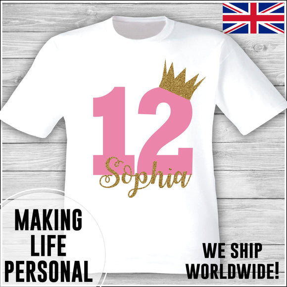 Personalised Birthday T-Shirt Name Age Number Boy Or Girl White and Pink