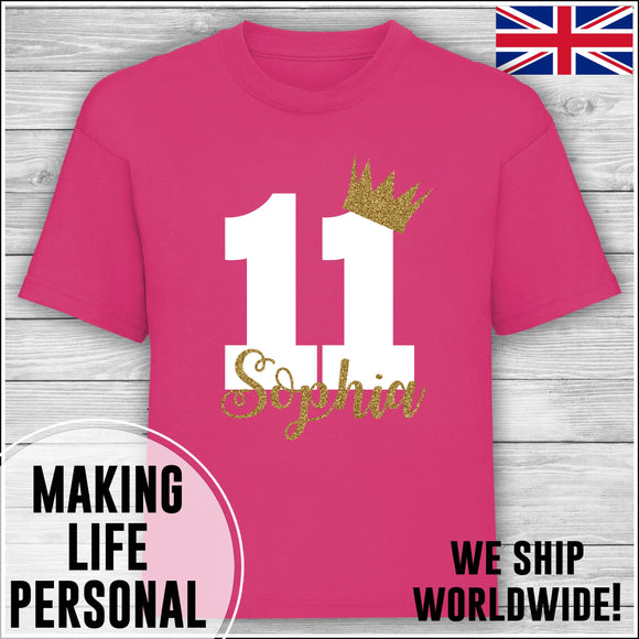 Personalised Birthday T-Shirt Name Age Number Boy Or Girl Hot Pink