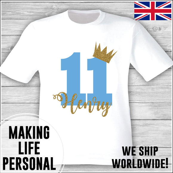 Personalised Birthday T-Shirt Name Age Number Boy Or Girl White and Blue