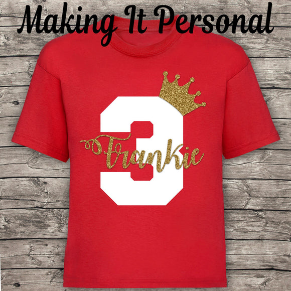 Personalised 1st 2nd 3rd 4th 5th 6th Birthday T-Shirt Boys Red With White & Gold Glitter Name and Age