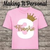 Personalised 1st 2nd 3rd 4th 5th 6th Birthday T-Shirt Pink With White & Gold Glitter Name and Age