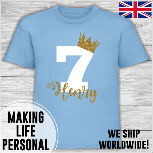 Personalised Birthday T-Shirt Name Age Number Boy Or Girl Blue White and Gold