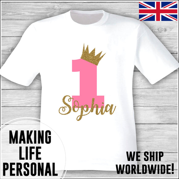 Personalised Birthday T-Shirt Name Age Number Boy Or Girl White Pink and Gold