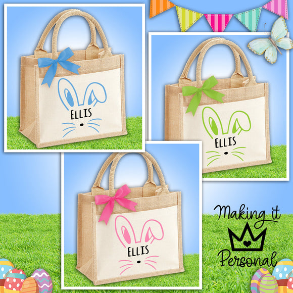 Personalised Cute Easter Bunny Jute Bag - Easter Egg Hunt - Easter Gift Bag