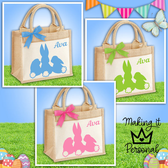 Personalised Cute Easter Bunny Jute Bag - Easter Egg Hunt - Easter Gift Bag