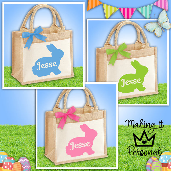 Personalised Cute Easter Bunny Jute Bag - Easter Egg Hunt - Easter Gift Bag