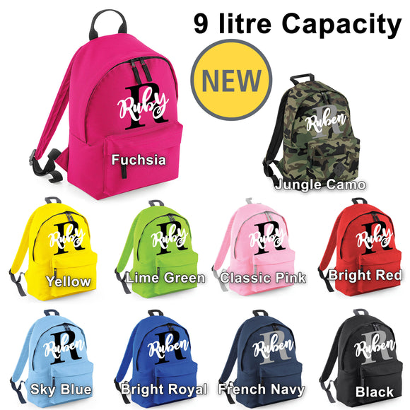 Kids Backpack Personalised With Name and Initial Available In Three Sizes - Mini 9L - Junior 12L - Original Full Size 18L