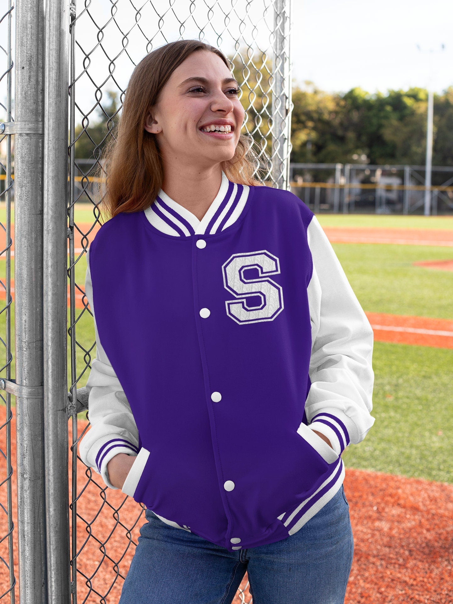 Kids and Adults Personalised Varsity Jacket Name Initial Date Established Purple Body White Arms 12-13