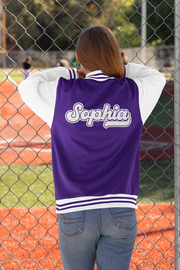 Kids and Adults Personalised Varsity Jacket Name Initial Date Established Purple Body White Arms