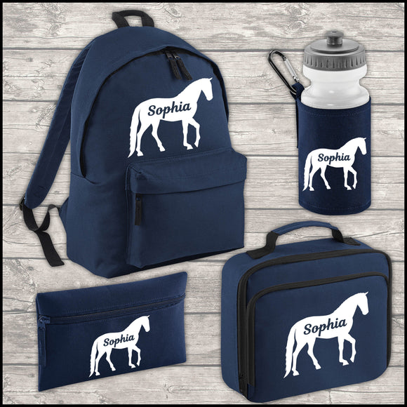 Personalised Horse 18L Backpack Kids Lunch Bag Water Bottle and FREE Pencil Case ADD Your NAME Back To School Navy