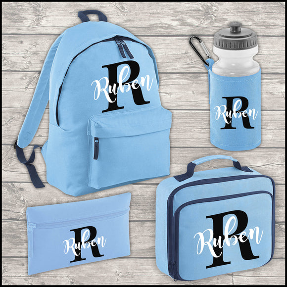 Personalised Initial and Name 18L Backpack Kids Lunch Bag Water Bottle and FREE Pencil Case ADD Your NAME Back To School Sky Blue
