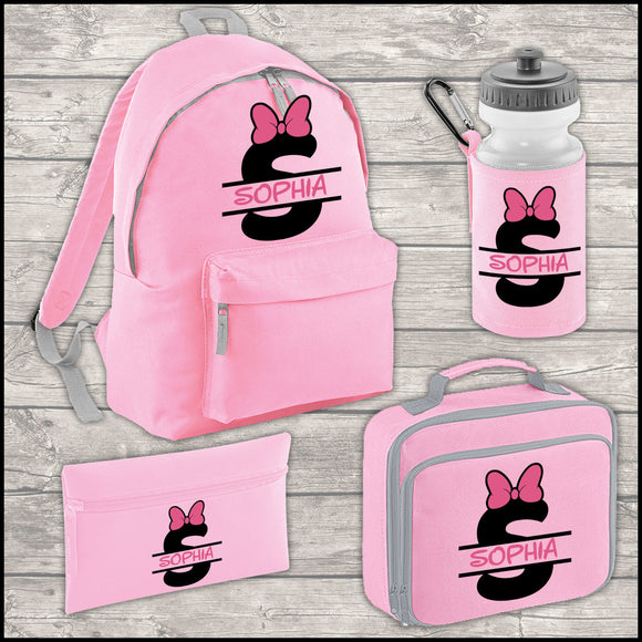 Personalised Name, Initial and Bow 9 Litre Backpack Water Bottle and Lunch Bag and FREE Pencil Case Back To School Backpack Kids Mini Size