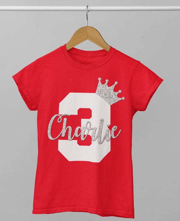 Personalised 1st 2nd 3rd 4th 5th 6th Birthday T-Shirt Boys Red With White & Silver Glitter Name and Age