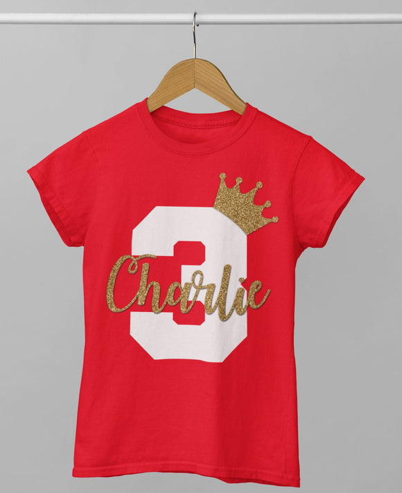 Personalised 1st 2nd 3rd 4th 5th 6th Birthday T-Shirt Boys Red With White & Gold Glitter Name and Age