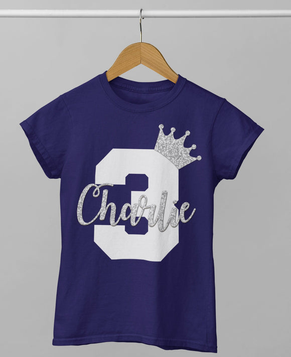 Personalised 1st 2nd 3rd 4th 5th 6th Birthday T-Shirt Boys Navy With White & Silver Glitter Name and Age