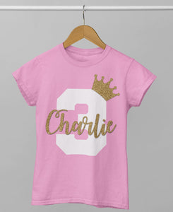 Personalised 1st 2nd 3rd 4th 5th 6th Birthday T-Shirt Pink With White & Gold Glitter Name and Age