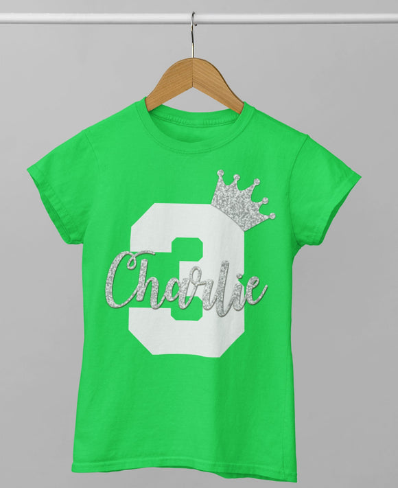 Personalised 1st 2nd 3rd 4th 5th 6th Birthday T-Shirt Green With White & Silver Glitter Name and Age